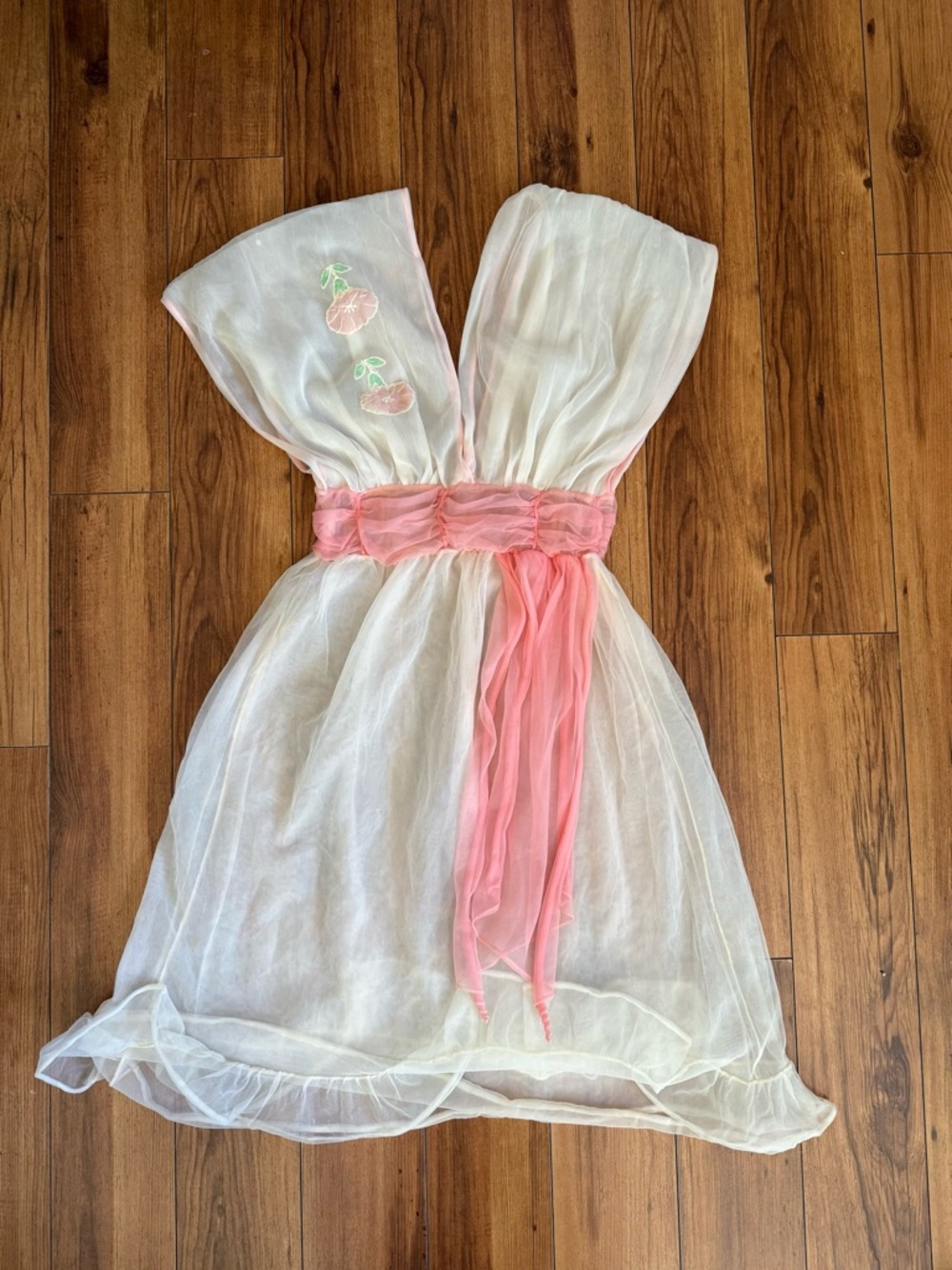 Sheer White Swim Coverup with Pink Waist Sash and Peach Embroidery